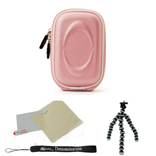 EVA Light Pink Durable Slim Protective Storage Cover Cube Carrying Case with Internal Mesh Pocket with Carabiner clip for Canon Power-Shot A490 A495 A800 A1200 A2200 A3000 IS A3100 IS A3300 IS D10 ELPH 100 HS ELPH 300 HS ELPH 310 HS Point and Shoot Digital Camera + Includes Grey Silver 6 Inch Mini Flexi Tripod + Includes a Anti Glare Screen Protector