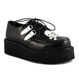 CREEPER-426 Black 2 Platform Creeper w/White Embroidered Spider Web-sizes 4-12