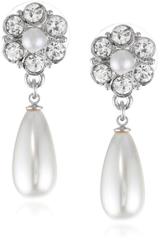 Roman Bride Simulated White Pearl and Crystal Teardrop Earrings