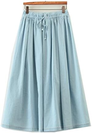 Women's Elastic Waist Mid Length Denim Skirt (Light Blue)