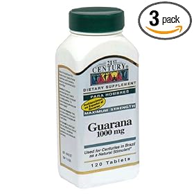 21st Century Dietary Supplement Guarana Tablets, 1000 mg, 120-Count Bottles (Pack of 3)