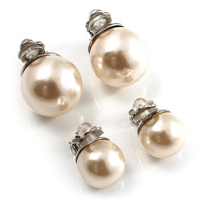 Set of 2 Ivory Faux Pearl Clip-On Earrings (15mm,12mm)