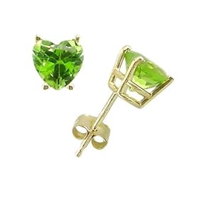14K Yellow Gold Four Prong 6mm Heart-Shape Peridot Stud Earrings