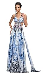 A-line Chiffon Halter Floral Print Floor Length Fitted Beaded  Evening Dress  With Rhinestones