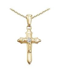 14K Yellow Gold Small Diamond Cross Pendant with 18" Chain
