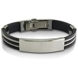Stylish Stainless Steel and Black Rubber Mens ID Bracelet, 8.5 Inches
