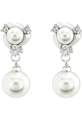 FM42 Silver-tone Clear Crystal Accent White Simulated Pearl Clip-on Drop Earrings E265