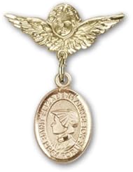 Gold Filled Baby Badge with St. Elizabeth Ann Seton Charm and Angel with Wings Badge Pin