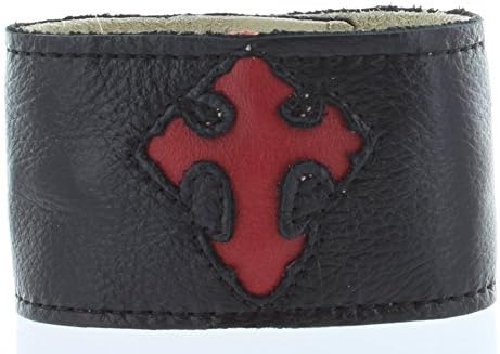 Charlie Biker Bracelet, Men or Womens Leather Bracelet with Secret Hidden Zipper Compartment, Approx 9.5" Adjustable, Black Leather with Red Cross Design.