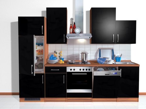 Küchenzeile 280 cm breit, glänzend Schwarz/Zwetschge Dekor inkl. Elektrogeräte/mit Arbeitsplatte