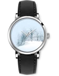 SPRAWL Aanalog Fashion Series Silver Ladies Watches of Genuine Black Leather Strap,Unique Wrist Watch for Women Girls Designed with Trees in the Snow
