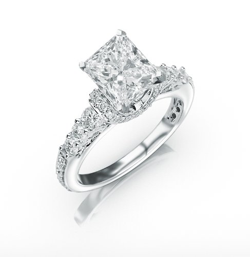 Four Prong Pave Set Round Diamonds Engagement Ring with a Radiant Cut / Shape 0.91 Carat D VS2 Certified Center Stone and 0.85 Carats of Side Diamonds (1.76 Cttw) Four Prong Pave Set Round Diamonds Engagement Ring with a Radiant Cut / Shape 0.91 Carat D VS2 Certified Center Stone and 0.85 Carats of Side Diamonds (1.76 Cttw)