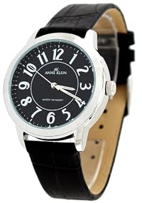 AK Anne Klein #10-8443BKBK Women's Black Leather Strap Analog Silver Dial Watch