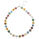 Hand-Blown Multi-Colored Glass Painted Heart Bead and Sterling Silver Bead Necklace, 16+3" Extender