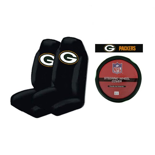 A Set of 2 Universal-Fit Front Bucket Style Seat Covers, and a Comfort Grip Steering Wheel Cover - Green Bay Packers