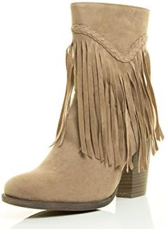 Women's Fringe Double Layered Ankle Bootie Versitle Denim Friendly Braid Trim Ankle Boots Beige (7)