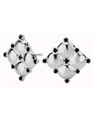 925 Sterling Silver Quilted Design Post Earrings with Black Spinel