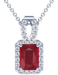 18K White Gold Emerald Cut Ruby And Round Diamond Pendant