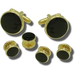 Giorgio Bissoni Round Jet Black Stone with Gold Trim Cufflink and Stud set