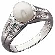 14K White Gold Cultured White Pearl and Diamond Ring