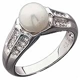 14K White Gold Cultured White Pearl and Diamond Ring
