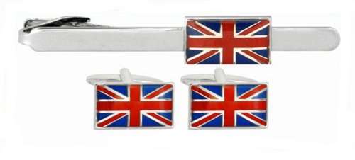 Patriotic Union Jack enamel set of cufflinks and matching tie clip with presentation box