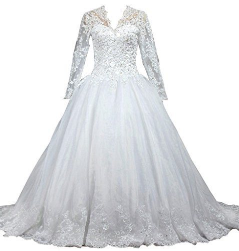 ANTS Women's V Neck Princess Lace Long Sleeve Wedding Dresses 2016 Size 4 US White