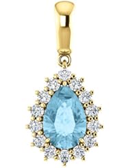 18K Yellow Gold 9.00x6.00mm Pear Cut Aquamarine and Diamond Pendant -- LIFETIME WARRANTY