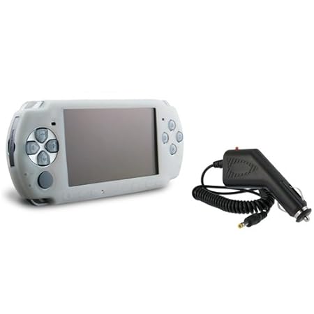 eForCity Clear White Silicone Case with 1 Car Charger compatible with Sony PSP Slim 2000/3000
