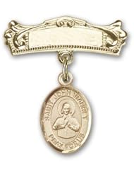 14K Gold Baby Badge with St. John Vianney Charm and Arched Polished Badge Pin