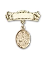 Gold Filled Baby Badge with St. John Vianney Charm and Arched Polished Badge Pin