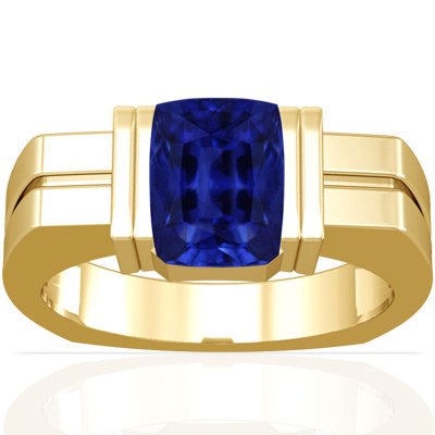 14K Yellow Gold Emerald Cut Blue Sapphire Mens Ring