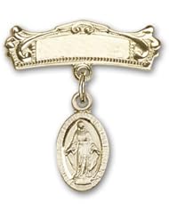 14kt Gold Baby Badge with Miraculous Charm and Arched Polished Badge Pin
