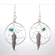 Large Navajo Dreamcatcher Earrings with Feather in Sterling Silver and a Turquoise Bead Accent, #8318