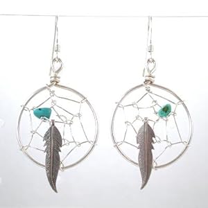 Large Southwestern Style Native American Dreamcatcher Earrings with Feather in Sterling Silver and Turquoise #8318