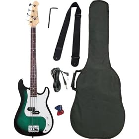 Barcelona Beginner Series Bass Guitar with Gig Bag, Strap, and Accessories - Transparent Green Burst: Musical Instruments