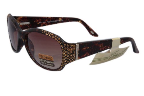 FOSSIL – “Mallory Tortoise” Einzigartige Damen Sonnenbrille mit Designer Gestell, Swarowski bestückt und flex o matic Bügeln. Scratch resist und 100% UV Schutz + Gratis Brillenetui