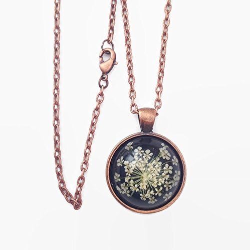Dried flower necklace - resin jewelry - copper necklace with real pressed Queen Annes flowers real flower jewelry over black - bridesmaids