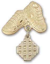 14K Gold Baby Badge with Jerusalem Cross Charm and Baby Boots Pin