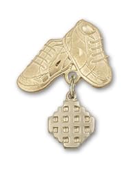 Gold Filled Baby Badge with Jerusalem Cross Charm and Baby Boots Pin
