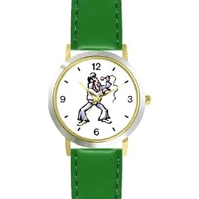 Singer Imitating a Famous Rock & Roll Star (Cartoon) - WATCHBUDDY� DELUXE TWO-TONE THEME WATCH - Arabic Numbers - Green Leather Strap-Size-Children's Size-Small ( Boy's Size & Girl's Size )