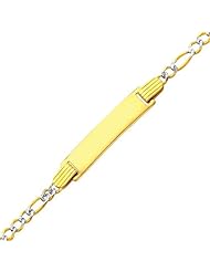 14K Yellow Gold White Pave 2.5mm Baby ID Figaro Bracelet with Lobster Claw Clasp - 6"Inches