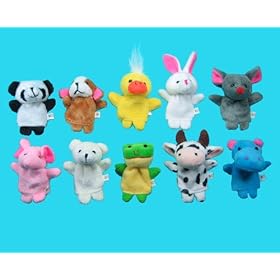  10 Pc Soft Plush Animal Finger Puppet Set includes Elephant, Panda, Duck, Rabbit, Frog, Mouse, Cow, Bear, Dog, Hippo
