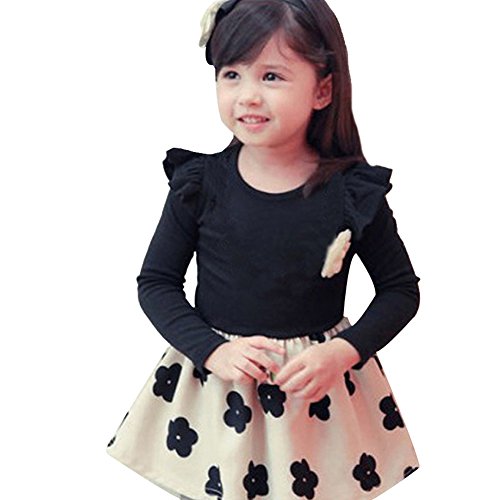 PanDaDa Girl Floral Party Dress Princess Ruffled Long Sleeve with Necklace 1-6y