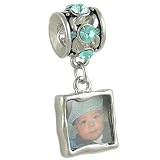March Birthstone Bead Photo Charm Aquamarine Crystal Silver Plated fits European Bracelet