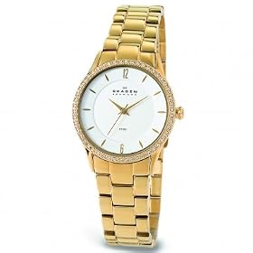 WOMENS SKAGEN STEEL GOLD DIAMOND LIKE THIN WATCH 347SGXG