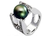 Natural Black, Tahitian South Sea Pearl, Set in 18K White Gold Ring, Enhanced with Diamonds