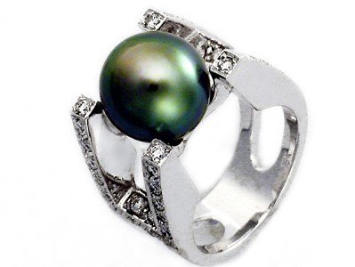Natural Black, Tahitian South Sea Pearl, Set in 18K White Gold Ring, Enhanced with Diamonds