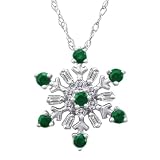 10k White Gold Created Emerald and Diamond Snowflake Pendant