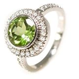 18K White Gold Circle-Shape Peridot Color-Stone Ring, Enhanced with Pave Set Diamonds.